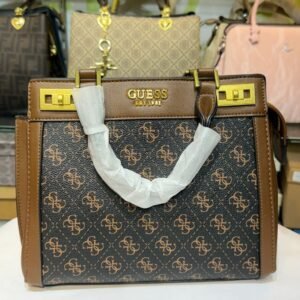 guess brand logo print structured handheld bag